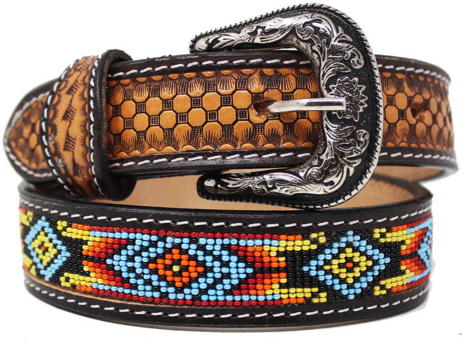 Kids Youth Western Rodeo Floral Tooled Beaded Leather Belt 26RT12Kids