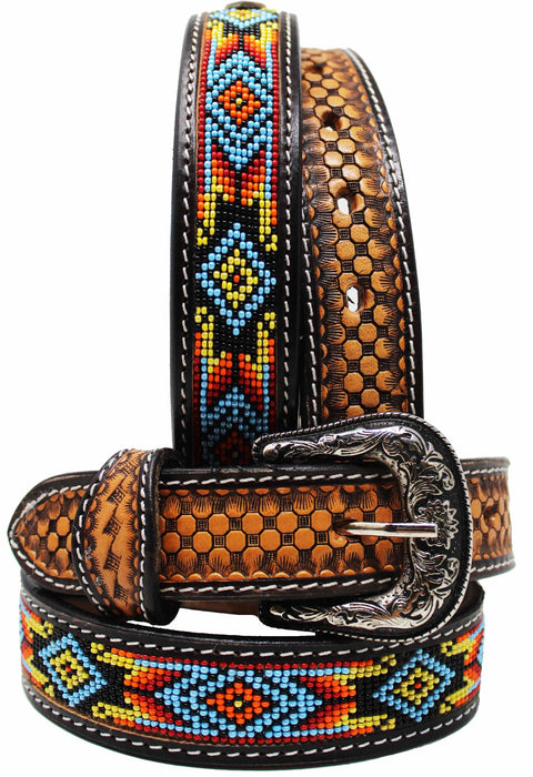 Kids Youth Western Rodeo Floral Tooled Beaded Leather Belt 26RT12Kids