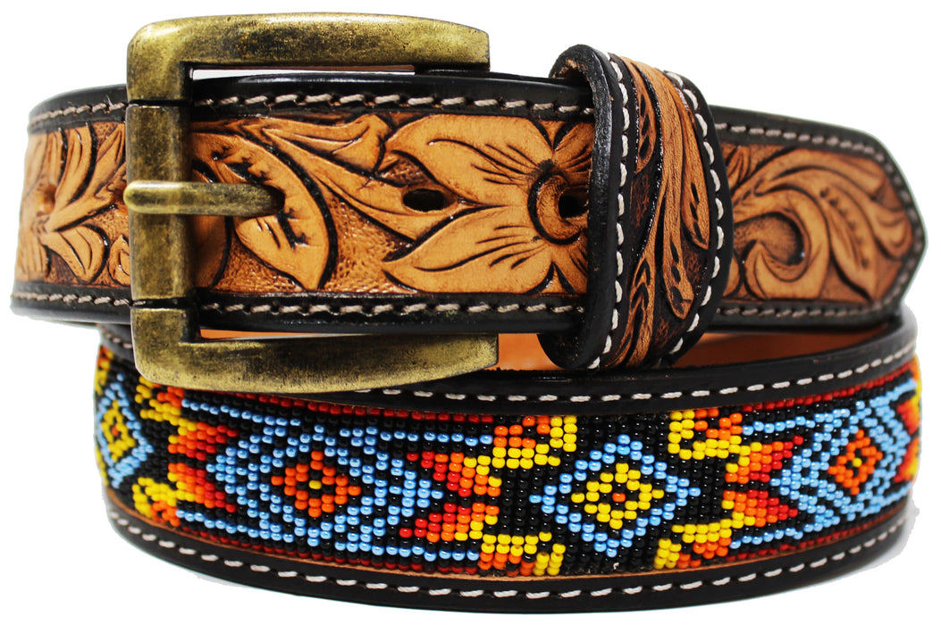 Mens Beaded Belt Western Tooled Fashion Beaded Full-Grain Leather Belt 26RT23