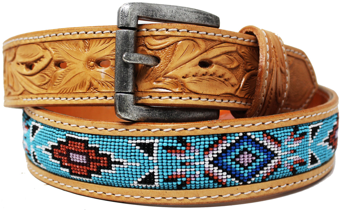 Unisex 1.5" Western Floral Tooled Beaded Full-Grain Leather Belt 26RT24