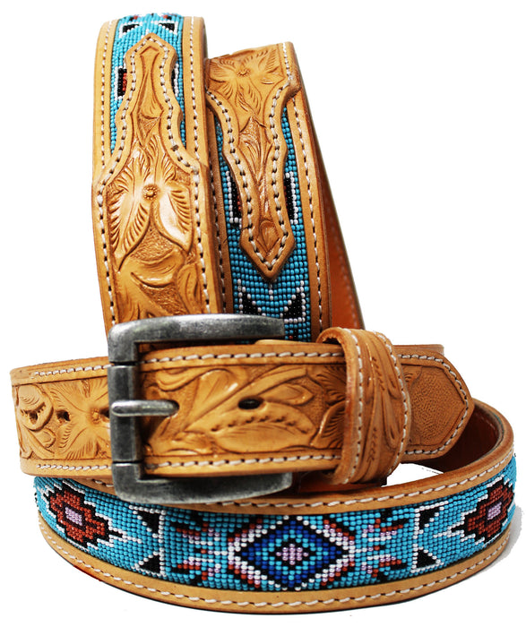 Unisex 1.5" Western Floral Tooled Beaded Full-Grain Leather Belt 26RT24