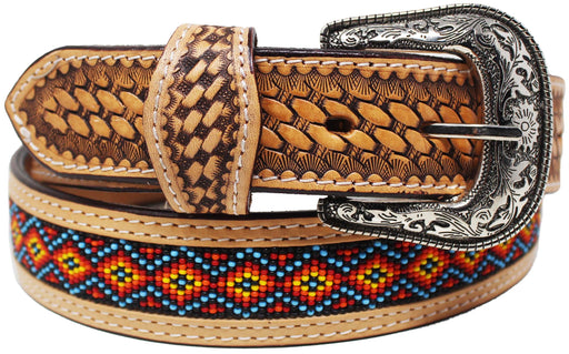 Unisex 1.5" Western Floral Tooled Beaded Full-Grain Leather Belt 26RTBeaded1