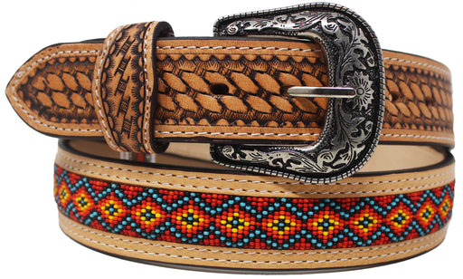 28  Unisex 1.5" Western Floral Tooled Beaded Full-Grain Leather Belt 26RT26A