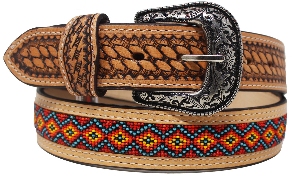 28  Unisex 1.5" Western Floral Tooled Beaded Full-Grain Leather Belt 26RT26A