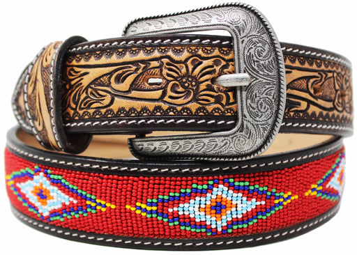 Unisex 1.5" Western Floral Tooled Beaded Full-Grain Leather Belt 26RT27A