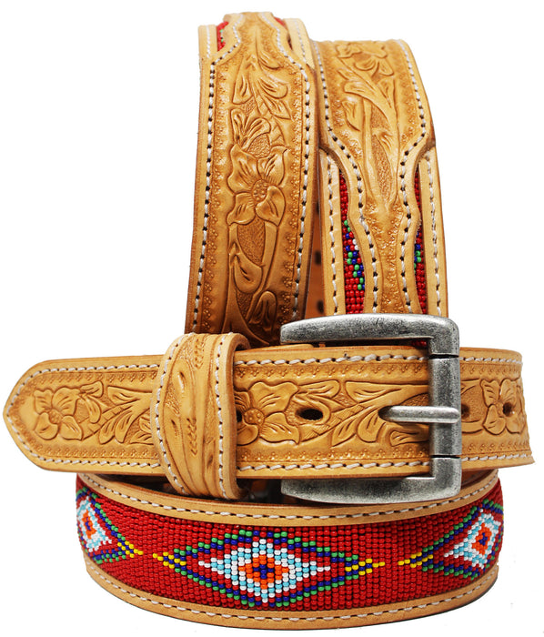 Unisex 1.5" Western Floral Tooled Beaded Full-Grain Leather Belt 26RTBeaded1