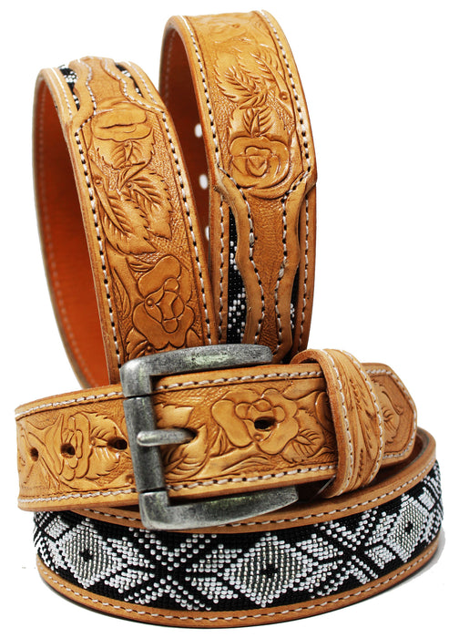 Unisex 1.5" Western Floral Tooled Beaded Full-Grain Leather Belt 26RT28