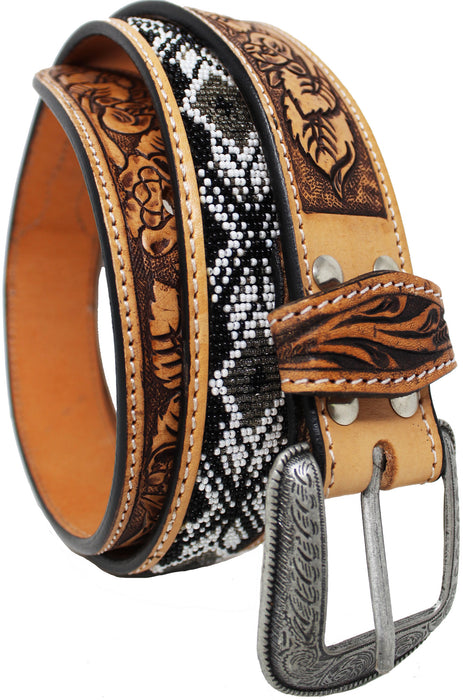 Unisex 1.5" Western Floral Tooled Beaded Full-Grain Leather Belt 26RT28