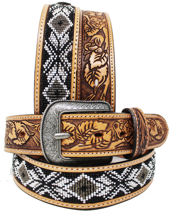 Unisex 1.5" Western Floral Tooled Beaded Full-Grain Leather Belt 26RT28