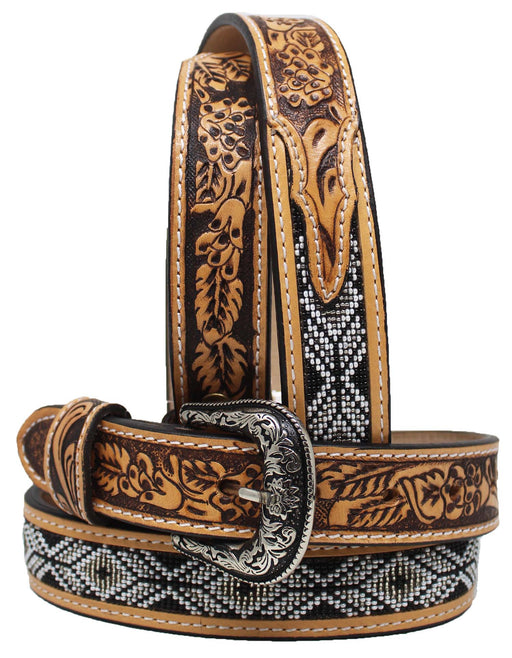 Kids Western 1-1/4" Beaded Floral Tooled Full-Grain Leather Belt 26RT28C