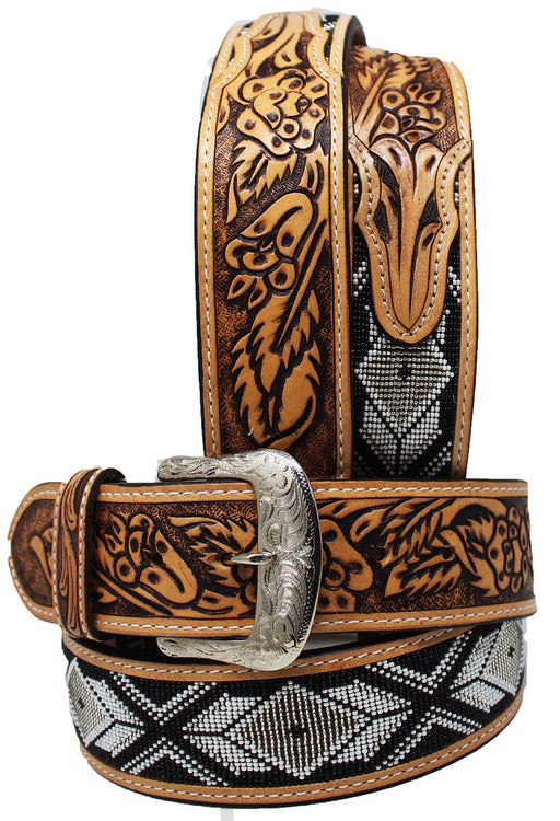 Western 2" Wide Antique Floral Tooled Beaded Full-Grain Leather Belt 26RT28U2