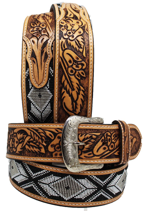 Western 2" Wide Antique Floral Tooled Beaded Full-Grain Leather Belt 26RT28U2