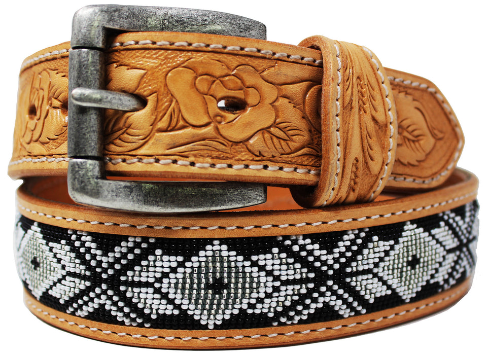 Unisex 1.5" Western Floral Tooled Beaded Full-Grain Leather Belt 26RT28