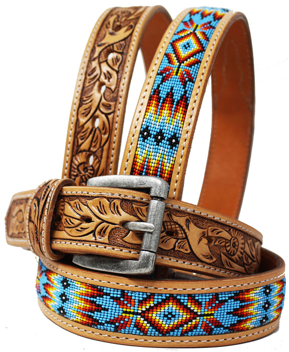 Unisex 1.5" Western Floral Tooled Beaded Full-Grain Leather Belt 26RTBeaded1