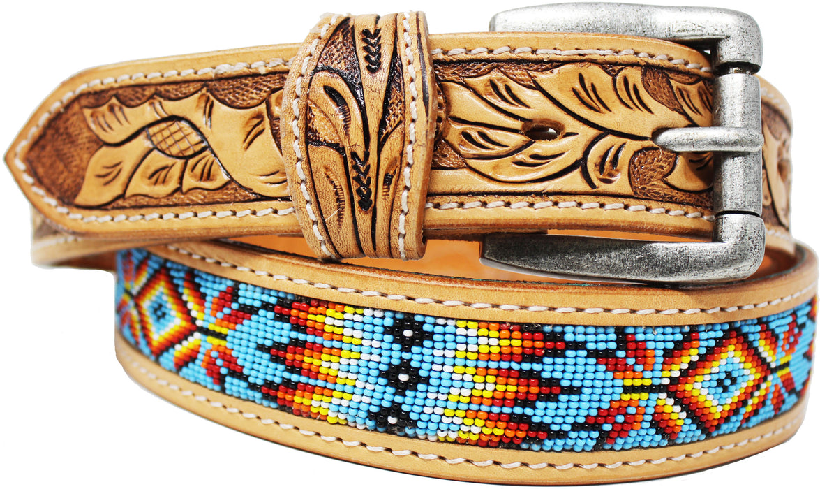 Unisex 1.5" Western Floral Tooled Beaded Full-Grain Leather Belt 26RTBeaded1