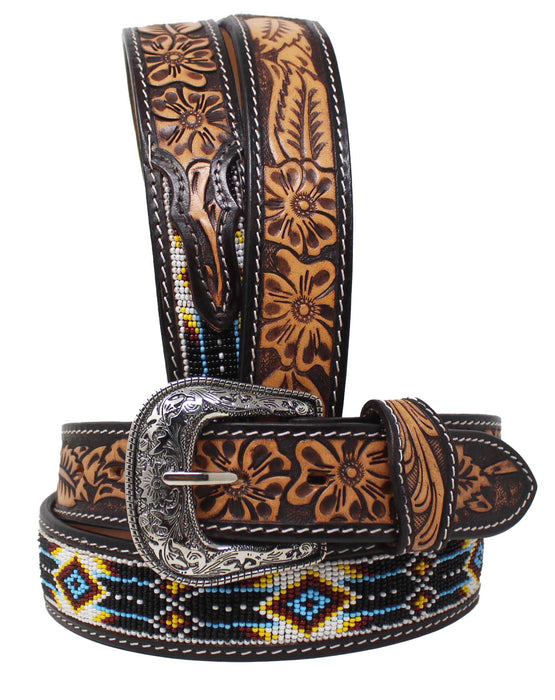 Unisex 1.5" Western Floral Tooled Beaded Full-Grain Leather Belt 26RTBeaded1