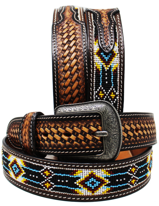 Unisex 1.5" Western Floral Tooled Beaded Full-Grain Leather Belt 26RTBeaded1