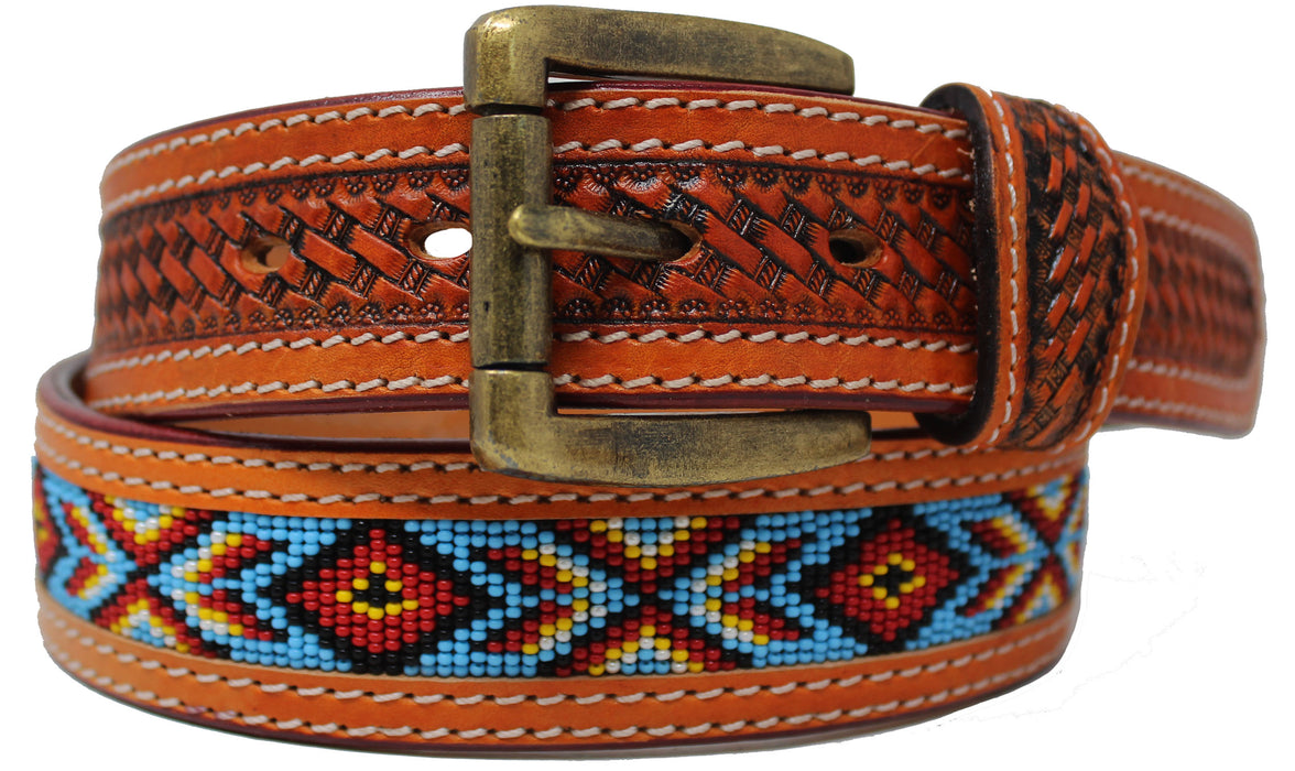 Unisex 1.5" Western Floral Tooled Beaded Full-Grain Leather Belt 26RT31