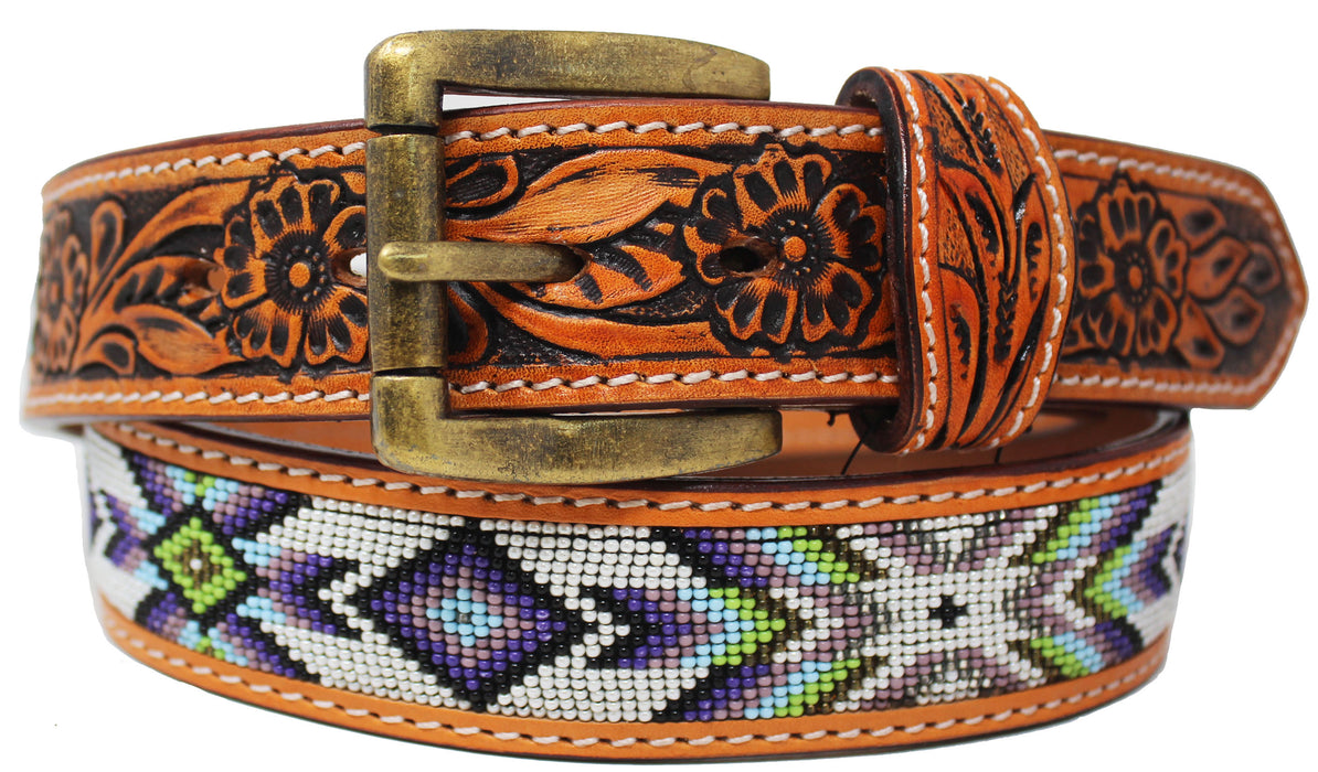 Unisex 1.5" Western Floral Tooled Beaded Full-Grain Leather Belt 26RT32