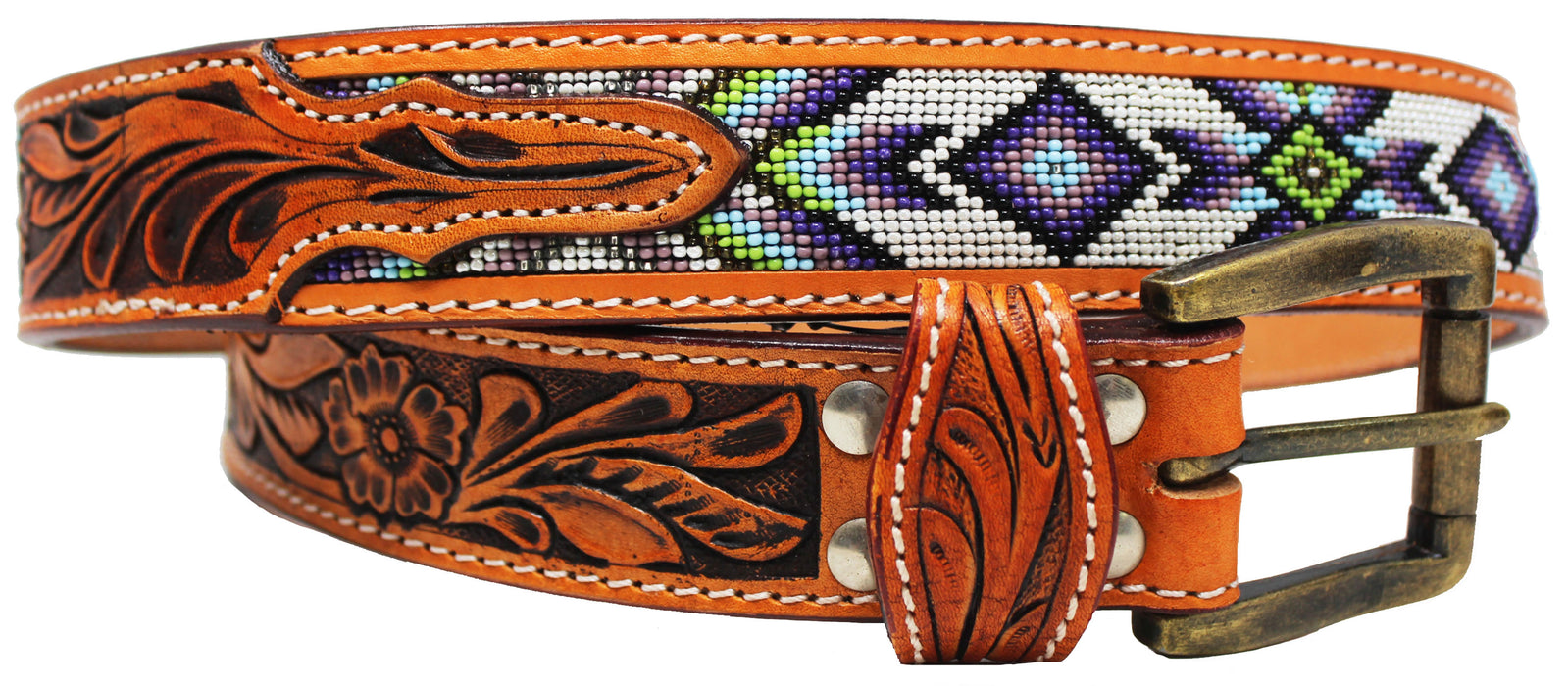 Unisex 1.5" Western Floral Tooled Beaded Full-Grain Leather Belt 26RT32