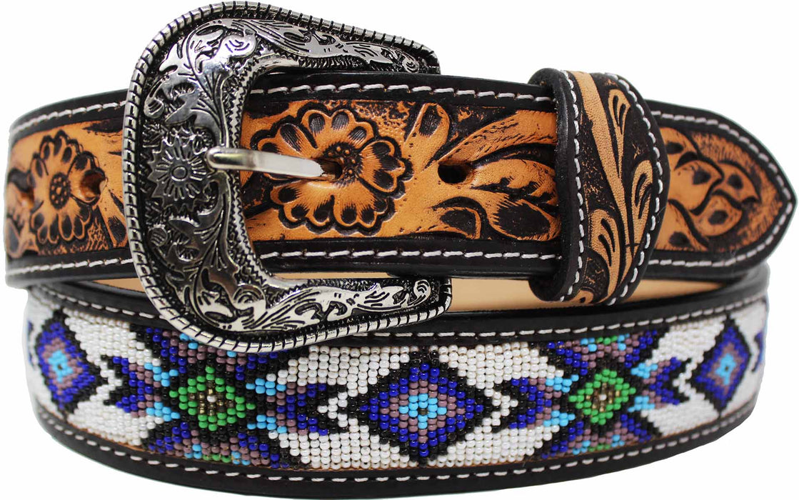 Unisex 1.5" Western Floral Tooled Beaded Full-Grain Leather Belt 26RT32