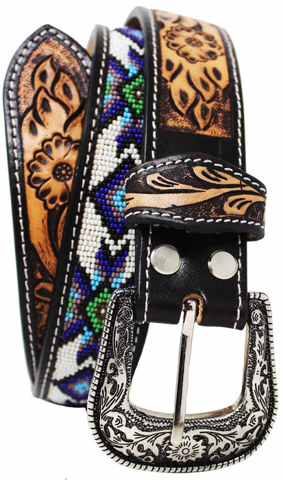 Unisex 1.5" Western Floral Tooled Beaded Full-Grain Leather Belt 26RT32