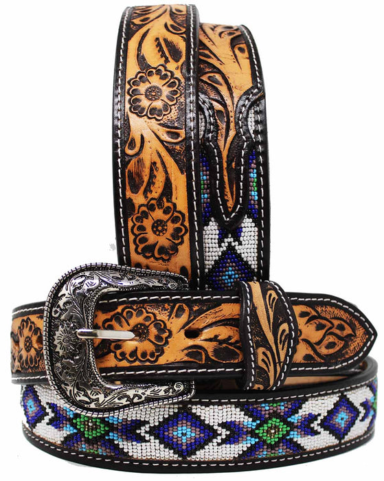 Unisex 1.5" Western Floral Tooled Beaded Full-Grain Leather Belt 26RT32