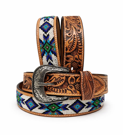 Unisex 1.5" Western Floral Tooled Beaded Full-Grain Leather Belt 26RT32