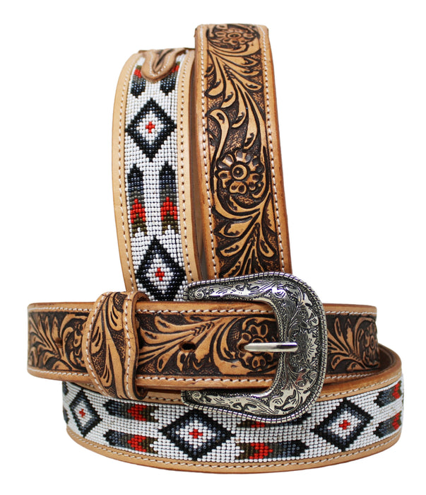 Unisex 1.5" Western Floral Tooled Beaded Full-Grain Leather Belt 26RT33