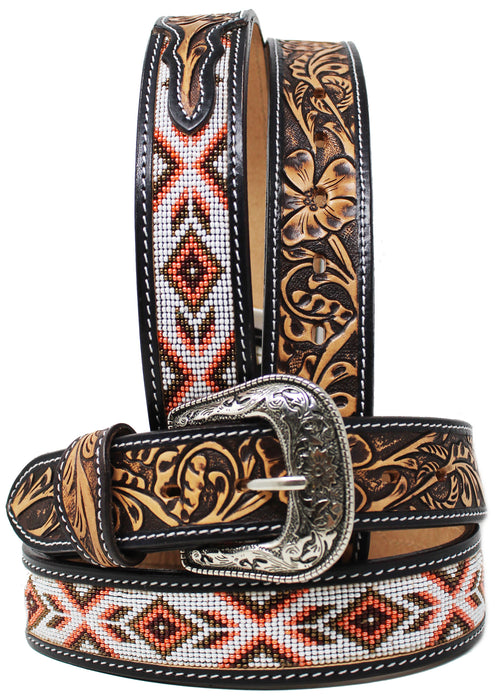 Unisex Men Women 1.5" Western Floral Tooled Beaded Full-Grain Leather Belt 26RT34