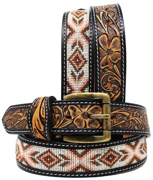 Unisex Men Women 1.5" Western Floral Tooled Beaded Full-Grain Leather Belt 26RT34