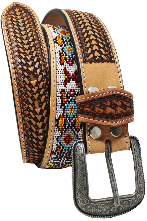 Men Women 1.5" Western Floral Tooled Beaded Full-Grain Leather Belt 26RT35A