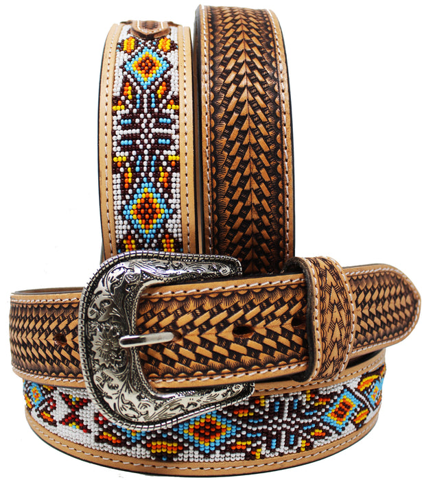 Men Women 1.5" Western Floral Tooled Beaded Full-Grain Leather Belt 26RT35B