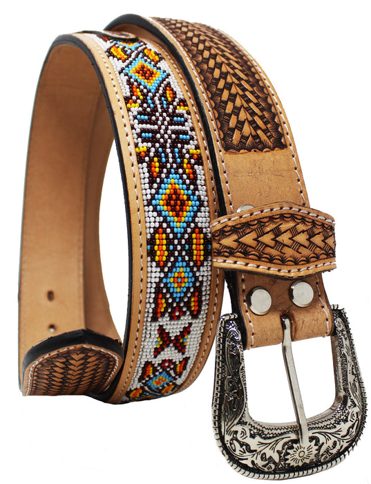 Men Women 1.5" Western Floral Tooled Beaded Full-Grain Leather Belt 26RT35B