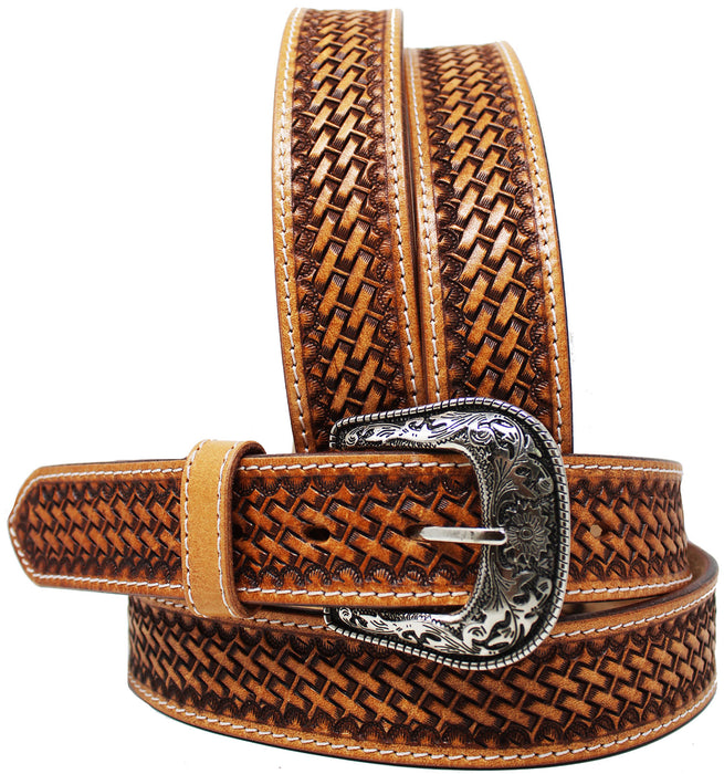 Youth 1-1/4" Western Basket Tooled Beaded Full-Grain Leather Belt 26RT37C