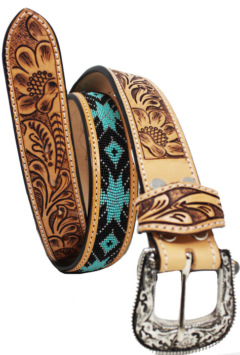 Men Women 1.5" Western Floral Tooled Beaded Full-Grain Leather Belt 26RT38B