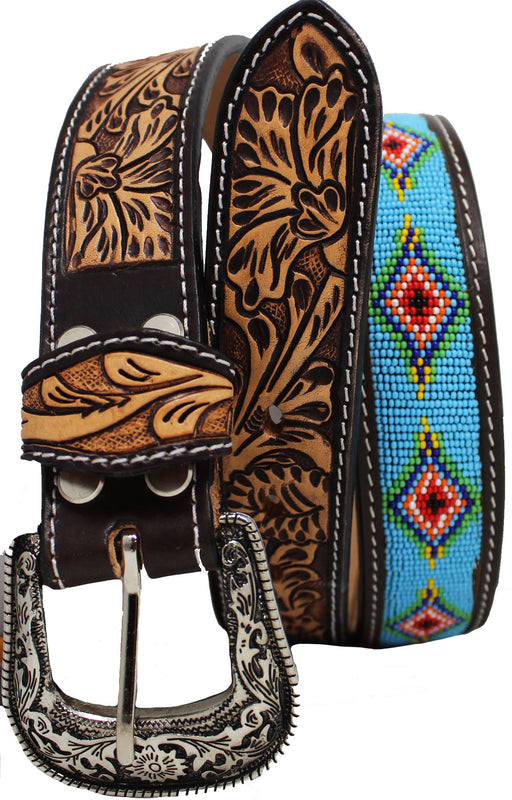 Youth 1-1/4" Western Tooled Beaded Full-Grain Leather Belt 26RT39C