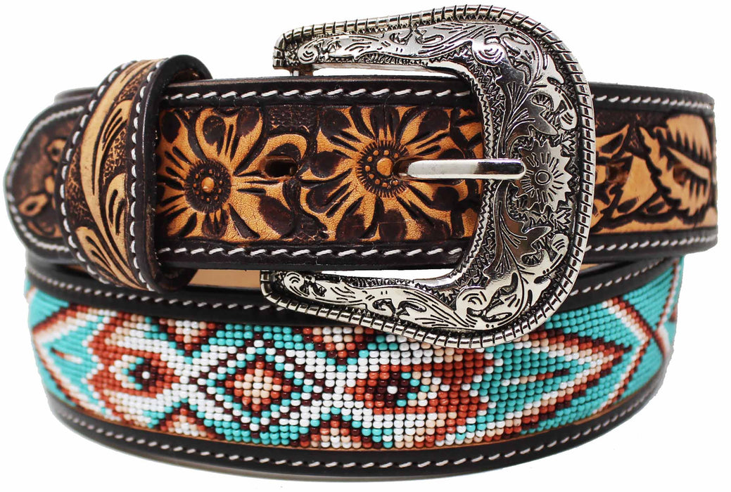 Unisex 1.5" Western Floral Tooled Beaded Full-Grain Leather Belt 26RT41B