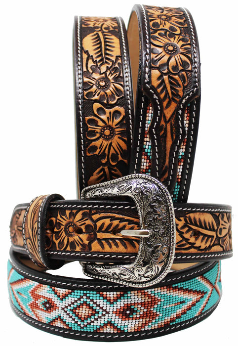 Unisex 1.5" Western Floral Tooled Beaded Full-Grain Leather Belt 26RT41B