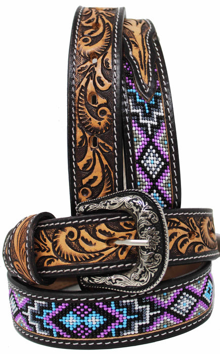 Men Women 1.5" Western Floral Tooled Beaded Full-Grain Leather Belt 26RT42B