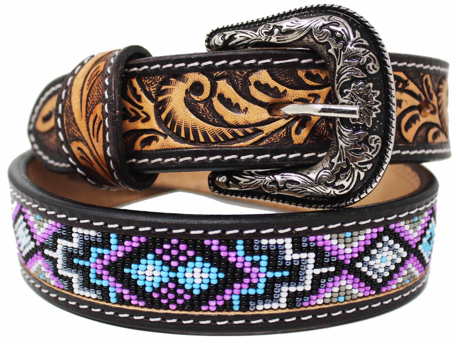 Kids Youth Western Rodeo Floral Tooled Beaded Leather Belt 26RT12Kids