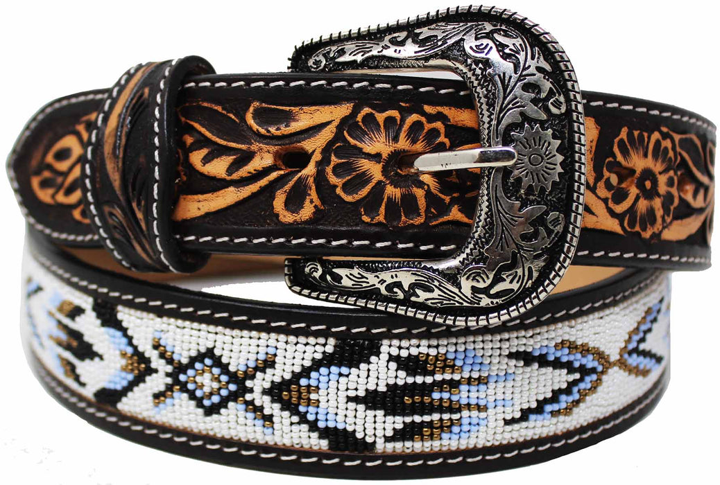 Unisex 1.5" Western Floral Tooled Beaded Full-Grain Leather Belt 26RT43