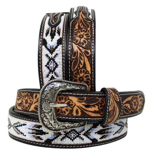 Unisex 1.5" Western Floral Tooled Beaded Full-Grain Leather Belt 26RT43