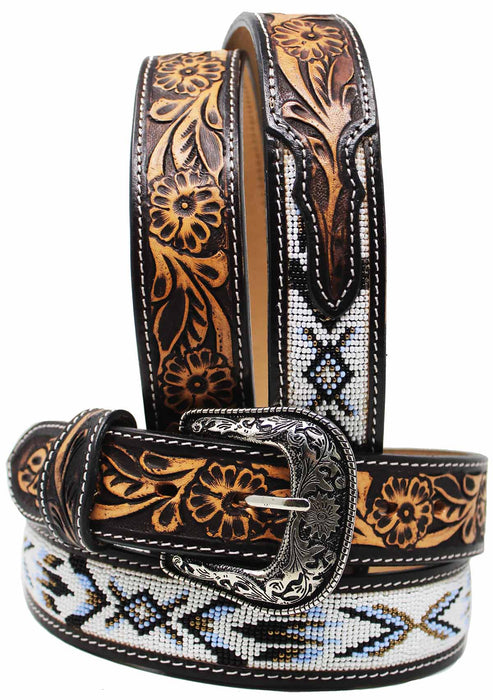 Unisex 1.5" Western Floral Tooled Beaded Full-Grain Leather Belt 26RT43