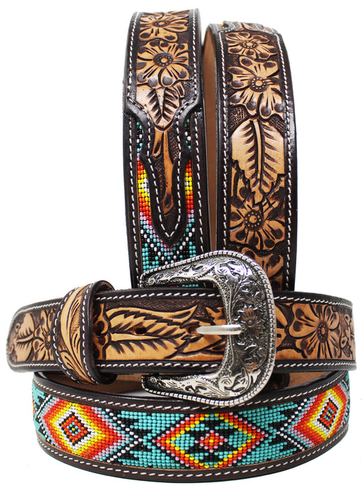 Youth 1-1/4" Western Basket Tooled Beaded Full-Grain Leather Belt 26RT44C