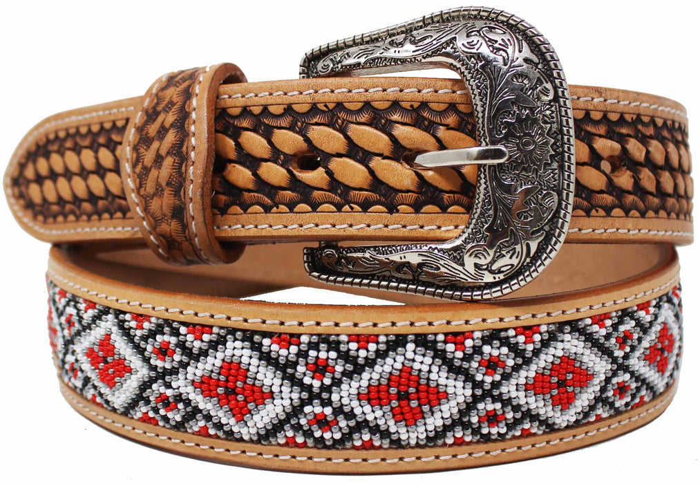 Unisex 1.5" Western Floral Tooled Beaded Full-Grain Leather Belt 26RT46B