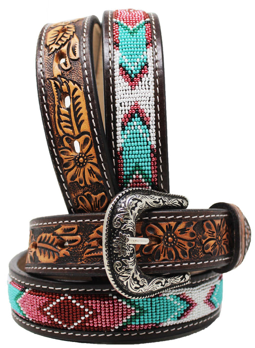 Unisex 1.5" Western Floral Hand Tooled Beaded Full-Grain Leather Belt 26RT49C