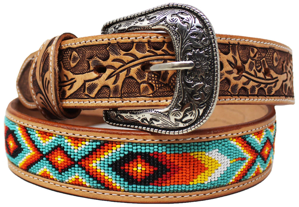 Unisex 1.5" Western Floral Hand Tooled Beaded Full-Grain Leather Belt 26RT52B