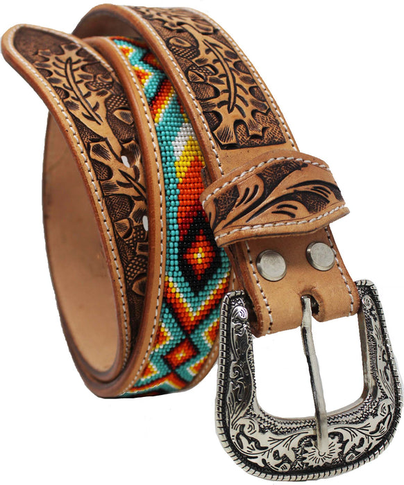 Unisex 1.5" Western Floral Hand Tooled Beaded Full-Grain Leather Belt 26RT52B