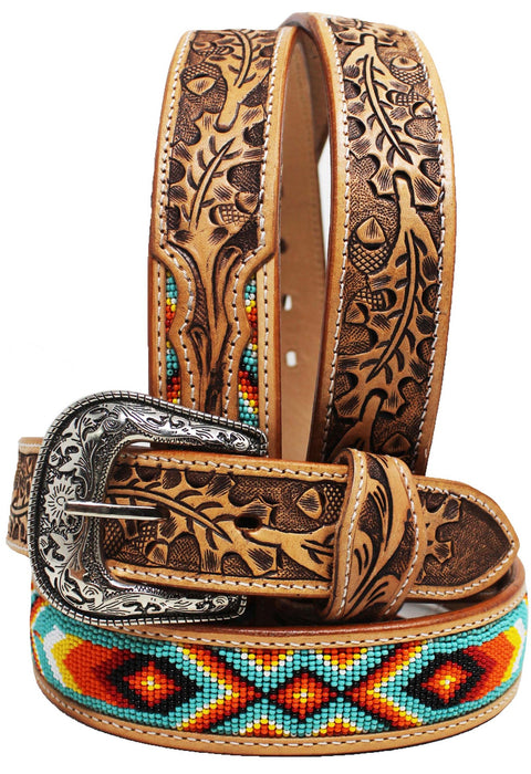 Western 2" Wide Tooled Genuine Leather Belt  Beaded